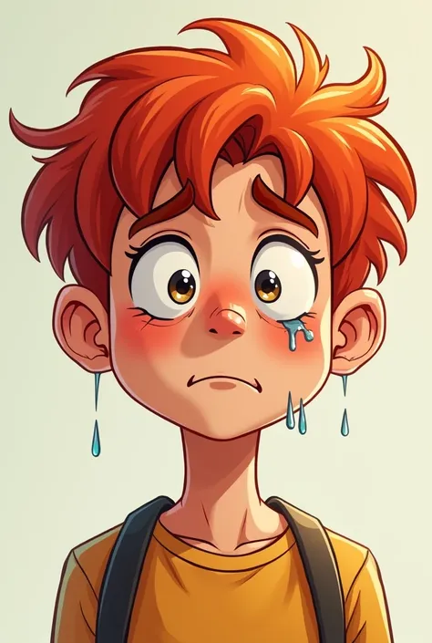 red haired boy,  teenager, cartoonish art style .  Do it without a mouth and looking at the screen with tears streaming from your eyes. 