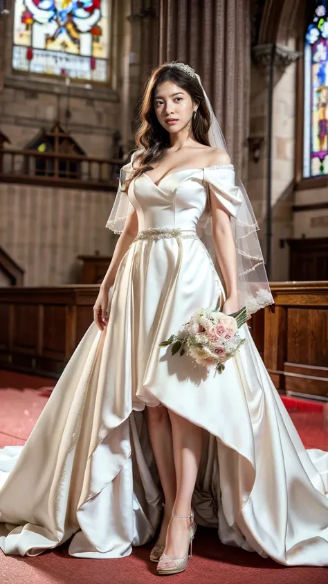 A beautiful young Japanese woman, 26 years old, with healthy thighs, beautiful legs, flawless skin, random hair color and style, large breasts, wearing a (wedding dress:1.3), full body shot, high heels, holding a bouquet in her hands, in a church setting, ...