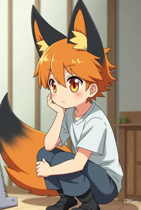 The character Jibi, a male human boy with orange eyes with ears and tail, is a fox with orange hair on the tip of a black ear. The gamer is interested in what is on the left, looking to the left, the eyes sparkle and his fist under his chin. The image is a...