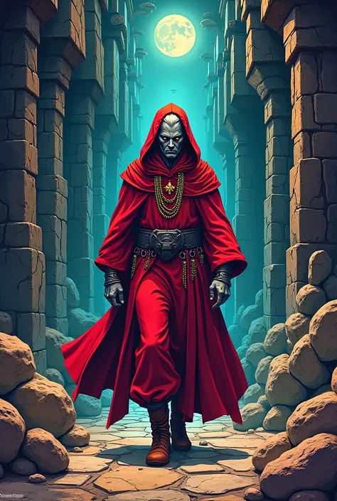 A vibrant professional graphic design in a pop art style, depicting a underground maze made of stone and technology, with a strong focus on survival, adaptation, and hope. At the center of the composition, an hooded elf man with gray skin  and white hair w...