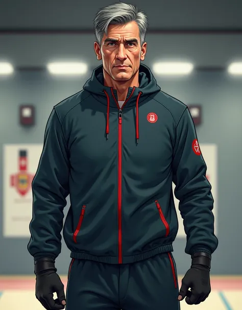 ((Anime, manga art-style:)1.37) Generate a detailed image of a middle-aged male athlete representing a professional sports shooter, inspired by Yusuf Dikeç. He has a robust and athletic build, standing with a confident and calm posture. His face shows stro...