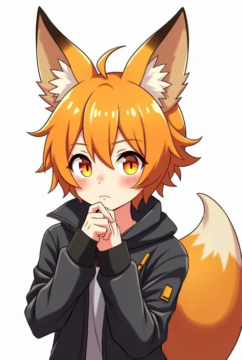 The character Jibi, a male human boy with orange eyes with ears and tail, is an orange-haired fox with black ears on the tip of a gamer suit. The image is a Japanese anime with a simple hand grip, feeling interested in what is on the left, looking to the l...