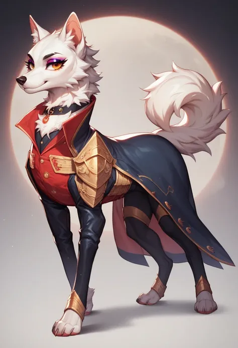 ((feral)), ((full body)), quadrupped, An epic and visually stunning digital artwork featuring a mid-30s female dire wolf furry with an angular feminine facial structure and a flat masculine chest, fur a beautiful pure white. The character is adorned in a l...