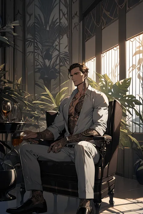 An anime-style illustration of a confident and charismatic male character sitting in a relaxed yet authoritative pose. The character has messy, tousled brown hair with soft highlights, and a defined jawline. He wears a sleek black unbuttoned shirt, reveali...