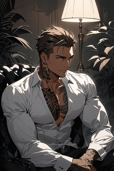 An anime-style illustration of a confident and charismatic male character sitting in a relaxed yet authoritative pose. The character has messy, tousled brown hair with soft highlights, and a defined jawline. He wears a sleek black unbuttoned shirt, reveali...