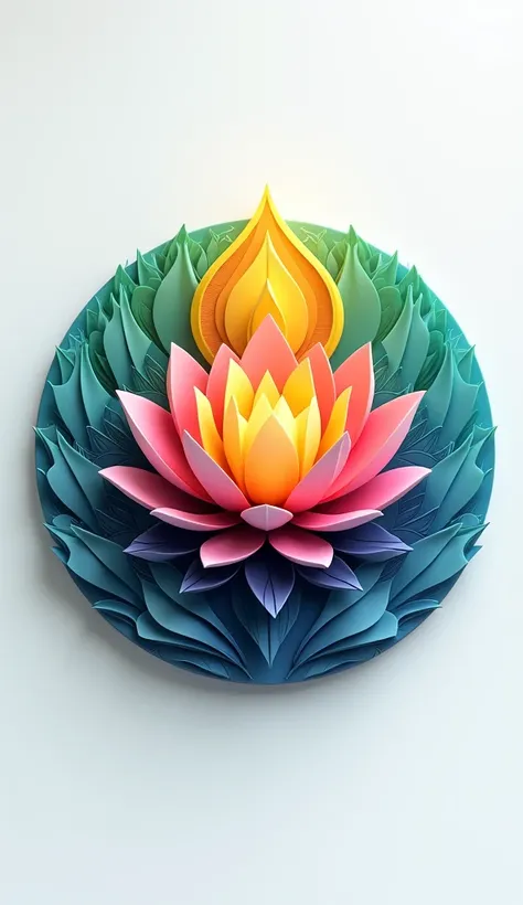 Create a 3D circular logo that evokes peace, balance, and the connection between mind, body, and spirit. Exclude any specific text or name, focusing instead on visual elements. Incorporate vibrant 3D symbols like a lotus flower, mandala, or delicate leaf p...