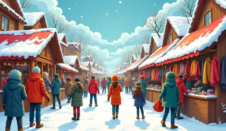 A lively marketplace scene in winter, with colorful stalls selling woolen clothes like sweaters, scarves, and caps, and people happily browsing and buying them. Cartoon 