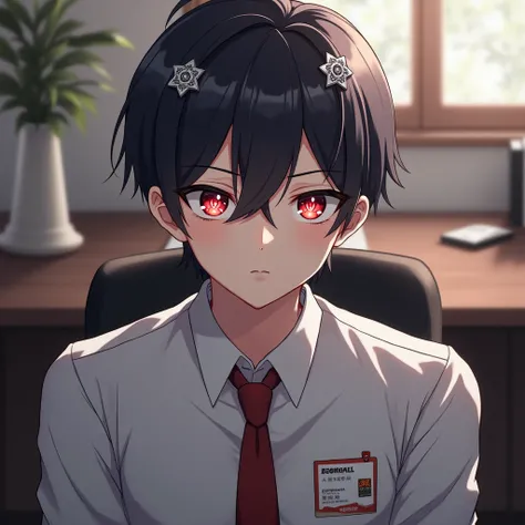 1 anime boy, sensei (blue archive), blue archive,Office, sitting ,Short black hair, red eyes, with an 8-pointed star in the middle of the eye.Attach two silver hair clips. wearing black glasses,White office shirt, black suit, name tag hanging,masterpiece,v...