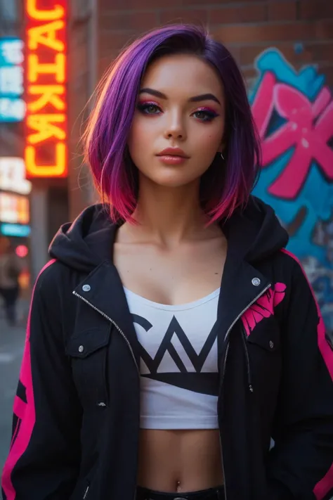 Create a high-quality image of Rina, a 19-year-old digital idol from Dhaka. She has vibrant red and purple hair styled in a trendy, edgy look. Rina wears a large hooded jacket with neon accents, reflecting her cool and rebellious personality. Her makeup is...