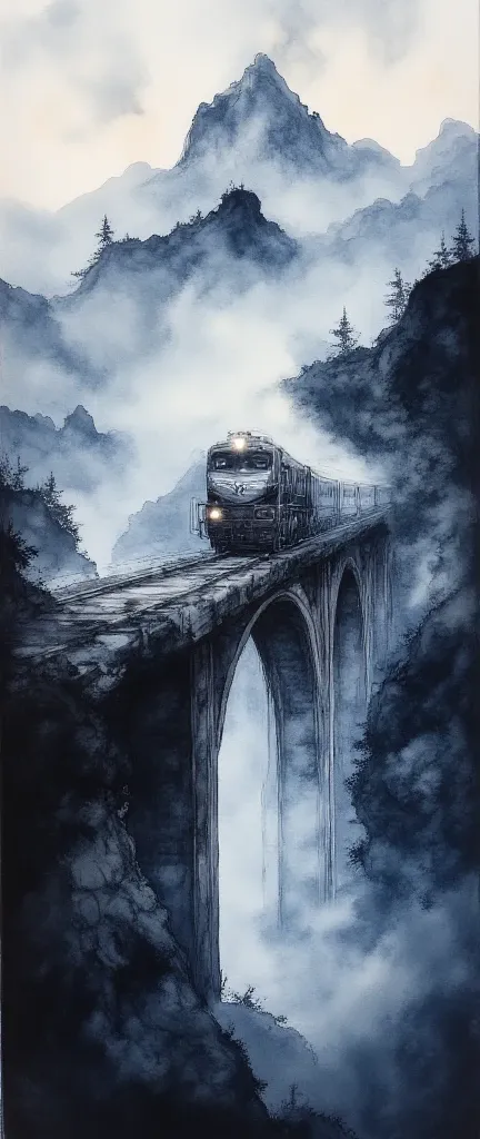 (masterpiece:1.2,Superior Quality,Mirror finish, Cinematic Experience, best illustration:2.0),8k,(Watercolor:2.0),(An old bridge shrouded in fog :2.0),(An old bridge is built in a mountainous area:2.0),( bridge over the mountainous area :2.0),( A freight t...