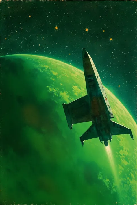 A vintage style sci-fi "Digitech Dream" poster. A sleek spaceship glides through a celestial landscape filled with bright stars and spiraling nebulae. Inside the spaceship, a vibrant green planet is seen. The spaceship is encapsulated within the planet, cr...