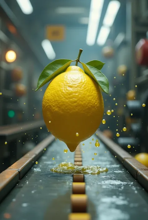 On a production line, a lemon falls from a height just before touching the cutting blade 