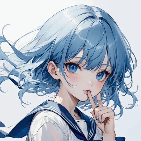  blue hair ， blue eyes， blue and white background ,  sailor suit , put index finger on mouth,