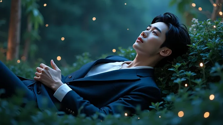 Korean man, handsome face, proportioned, beautiful nose, beautiful mouth, beautiful eyes, beautiful eyebrows, sitting on his back in the garden at night