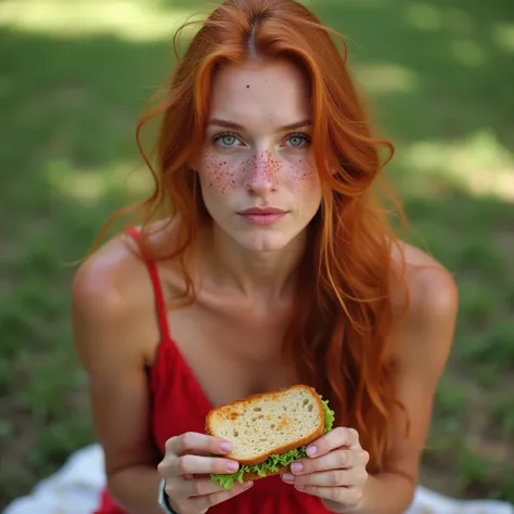 A 30-year-old woman, with freckles on her face and body, fair skin, long red hair and green eyes. Scene: Casual eating a beach sandwich, sitting on the grass, wearing a red casual dress. Ultra definition, 4K, ultra realistic, ultra human, with details. Nik...