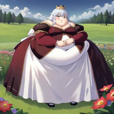 Beautiful Queen, obesity,  very large body , Belly protruding, Wear a bow ,  white princess dress, full body,
Field and flowers in the background ,
 achromatic ,
masterpiece,  Ultra Hi-Res,  High Quality ,