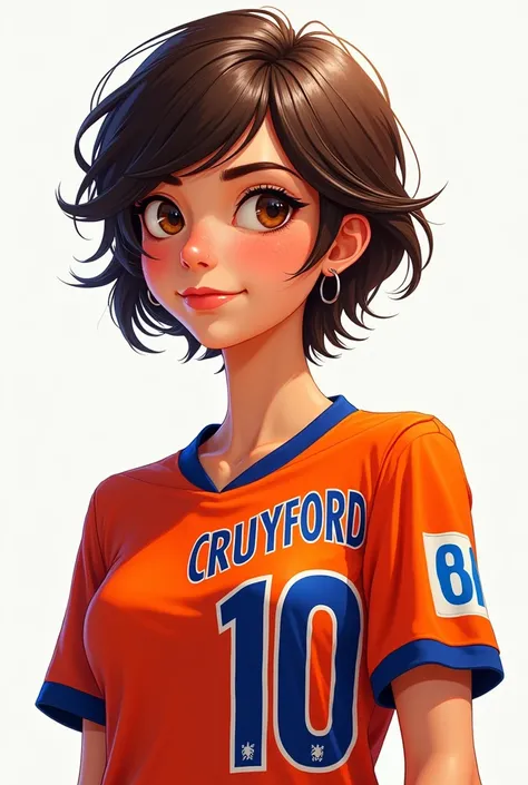 A brown-haired girl,  short hair,  brown eyes looking adult type 25 years old wearing a shirt from the Dutch national team, with the number 10 and the name CRUYFFORD animated version 