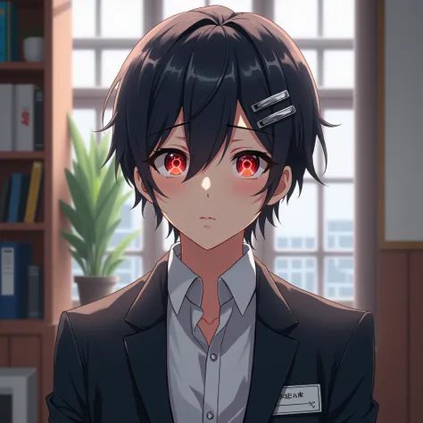 1 anime boy, sensei (blue archive), blue archive,Office, sitting ,Short black hair, red eyes, with an 8-pointed star in the middle of the eye.Attach two silver hair clips. wearing black glasses,White office shirt, black suit, name tag hanging,masterpiece,v...