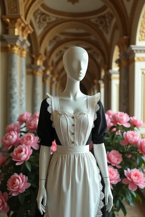 Make me a mannequin with a maid dress in background is a baroque style mansion interior with peonies in background 