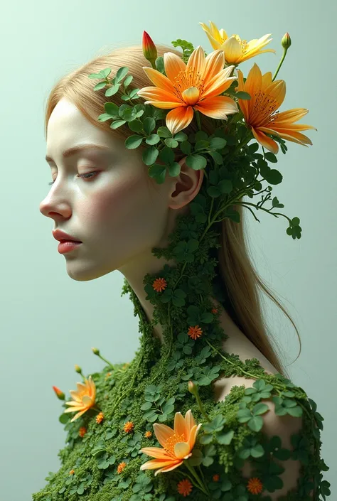  anthropoturnik Col romanescu blanca y verde,  human head woman long hair ,  neck grows from flowers ,  green leaves around neck , turn ,  fall , realism fotográfico, 4k,realism