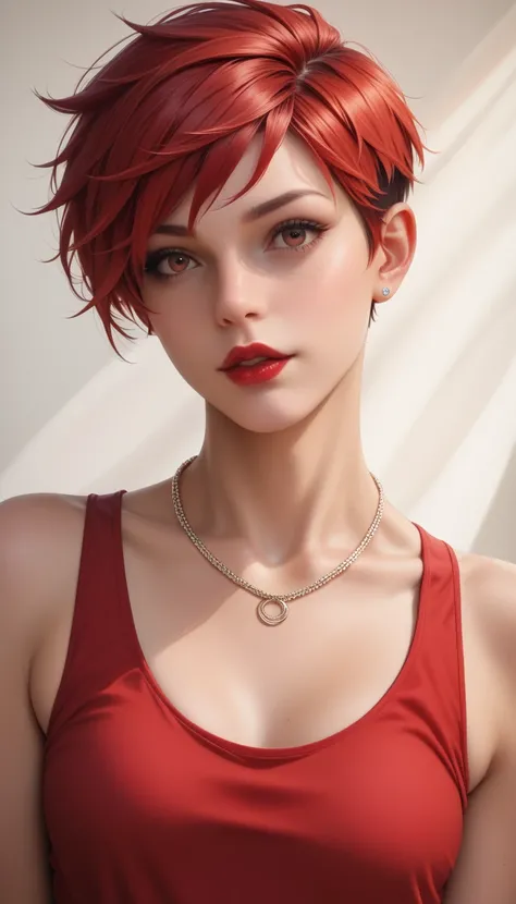 Close-up focus on 1 skinny model, wearing a red fitted tank top that covers her small breasts, pixie cut red hair, red lips, necklace, High quality, Masterpiece, Best quality, Extremely detailed, warm colors, Photorealistic