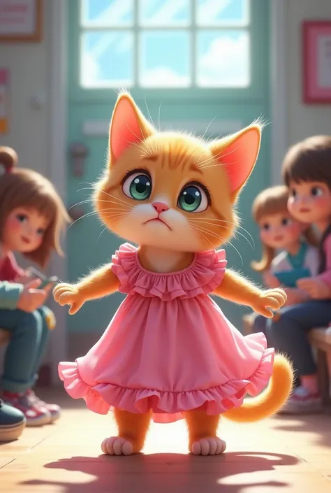 A poor cute cat in pink dress give audition for fashim show in school 