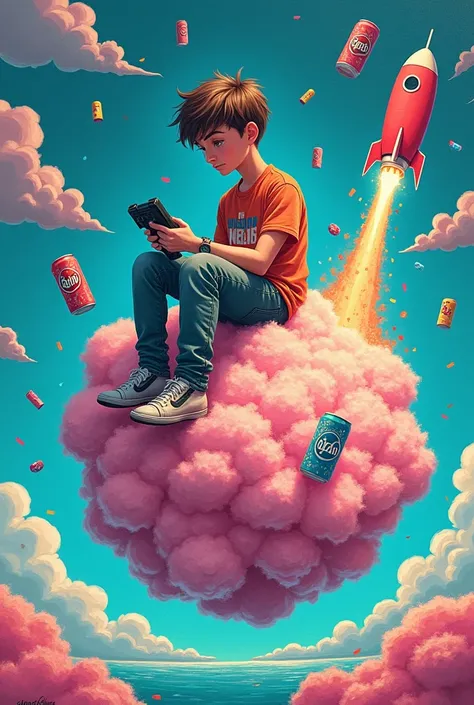  detailed description :  Imagine a young man ,  with a very cartoony style ,  sitting on a terrestrial globe that seems to be made Cotton candy . around,  black clouds Sharp soda is raining in cans .  The young man is calm , jogando videogame em um giant c...