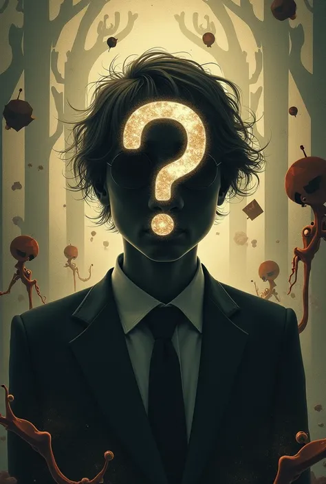 
Mystery image that this is a person with a question mark on their face and a curious background