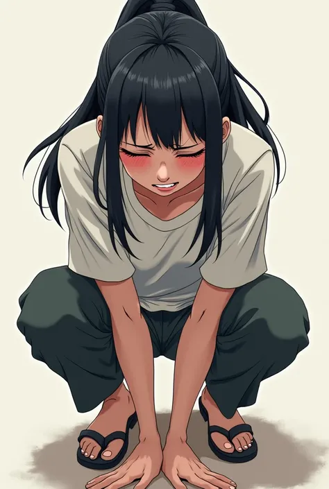 A mature Japanese female anime character with a black hair ponytail is crouching painfully