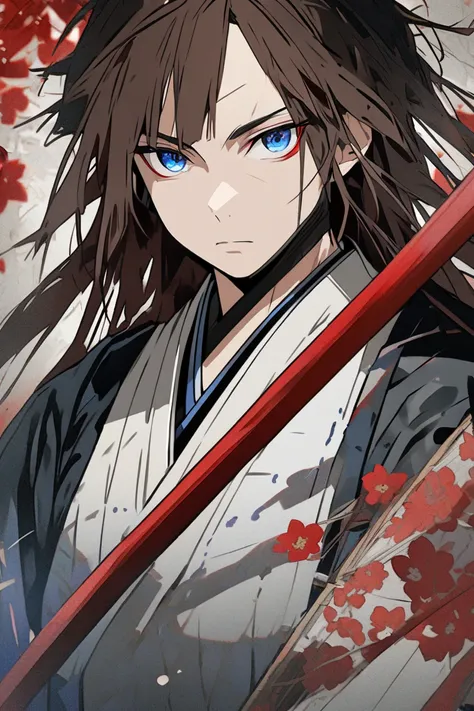 Create an image, a samurai, wearing ordinary Japanese clothing, brown hair, bright red eyes,(Staring intently with blue eyes), (body part 1:1), 