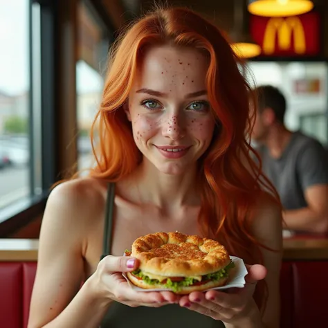 A 23-year-old woman, with freckles on her face and body, fair skin, long red hair and green eyes. Scene: Eating at MC DONALS. Ultra definition, 4K, ultra realistic, ultra human, with details. Nikon, professional photography.