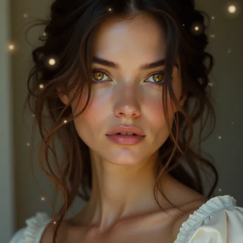 A beautiful womans face, her eyes like stars, a cold expression,Beautiful brown hair, brown eyes like honey, her clothes are simple, aesthetic.