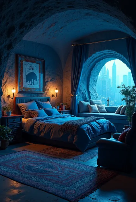 ( werewolf) cave bedroom (handsome comic and sci-fi nerd single father werewolf bedroom) ( dark blue and black bed) (dark blue and black armchair) (dark blue and black lazyboy let out chair) (dark blue and black island) (anime) ( just bedroom) (comic poste...