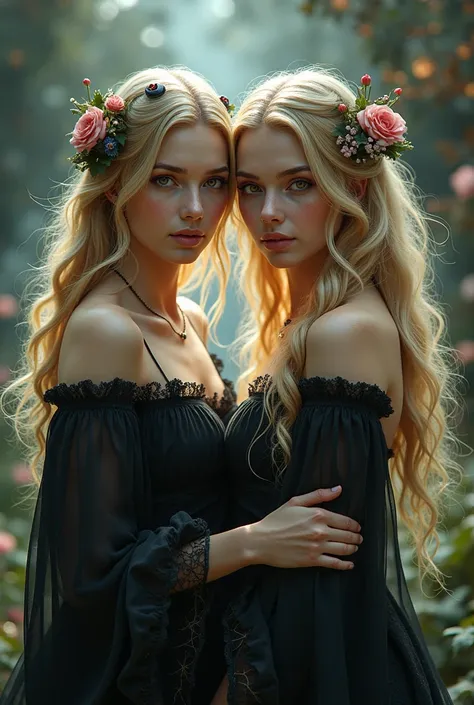 Two female witches ,  governed by the Gemini zodiac sign .  They must be full-bodied , fair skin,  brown eyes and are blond .  The image must contain elements of zodiac witches.