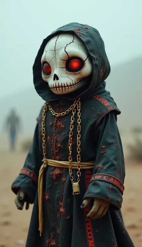 Close-up, Cute sad monster in old tattered black and white clothes with red and gold cracks and chains, with letters on his face and body, rain and fog, in the desert, cracked skull-shaped mask, internal red-orange glow, turns, walking away