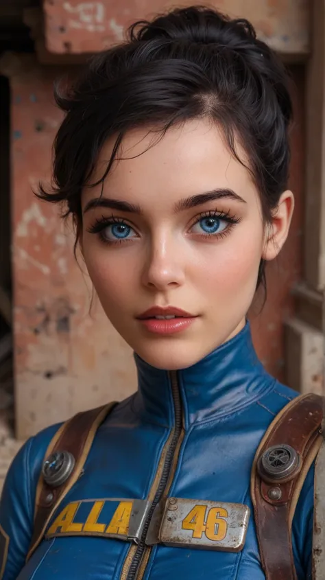 ( Best Quality ,A high resolution,Ultra - detailed,actual),Ella Purnell, cute and nerdy, ( short black hair :1.4), Tied back wavy black hair in a ponytail, (wearing a blue vault suit from fallout 4 with lots of details and slits), High detail face, Piel de...