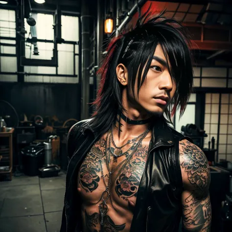 1 man, Japanese man, male, Asian eyes, muscular, broad shoulders, yakuza tattoos, hairstyle Visual Kei style, hair Visual Kei, black mens shirt and black pants, ultra detailed face, hyperrealistic, realistic representation, long hair, long hair, 30 years o...