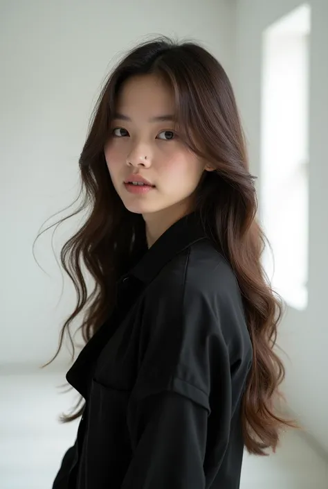 Set in a minimalist monochrome studio with stark white walls, a captivating portrait showcases a Thai woman with beautiful long brown hair illuminated by soft, diffused lighting akin to Kenro Izu’s meticulous technique. The simplicity of the backdrop accen...