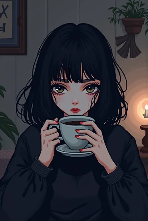 A Gothic girl with medium black hair with fringes drinking coffee at her house pixel art style 