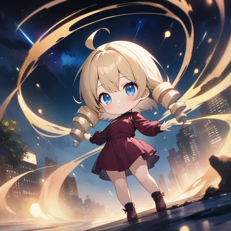 Chibi character、  girl、Drill Hair、 blonde alone、Ahoge、  blue eyes、Narrow eyes、 tree eyes 、  maroon sportswear  、  maroon sportswear  のズボン、 smile、 stylish Jojo pose 、whole body、Night sky cityscape background with meteors flowing、masterpiece、  best quality、 ...