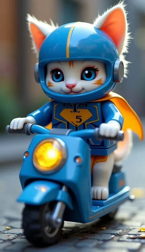 Superm"Speedy, a small white kitten with blue eyes and orange stripes, now wearing a tiny blue helmet, rides a scooter on the edge of the street. His tail curls in excitement as he prepares for the race of his life.. A blue racing jacket with the letter 5 ...