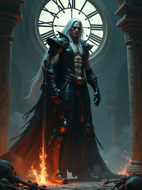  a horror fighter with red eyes and long white hair in a gothic combat costume， strong body， Handsome，Turn sideways，There is a flame under your feet，Standing under an ancient clock . Countless bones, claws, and a skeleton stick out from behind him，Black de...