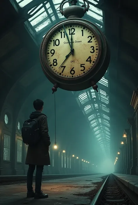 A large, rusted railway station clock showing an incorrect time hangs ominously from a broken roof. A young journalist shines his flashlight on it, looking puzzled, surrounded by a chilling and eerie glow."