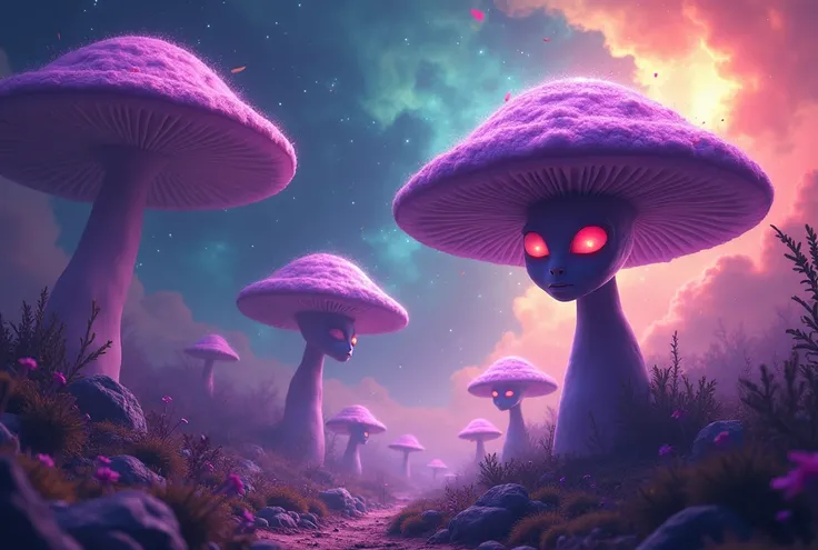  Create a computer cover background with a psychedelic setting in space .  The background should have giant purple mushrooms floating among colorful nebulas and smoke,  creating a surreal and slightly frightening atmosphere . The scene must be vibrant, wit...