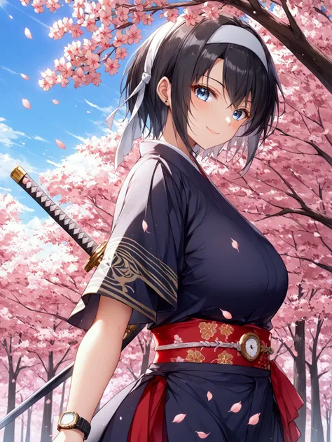 1 Japanese female,Old Japanese Female Warrior 、Female warlord、Warrior Princess、War Goddess、古い日本の鎧、(((Clothing)))、 black hair、 short hair、White headband、smile、 holding a Japanese sword、fight、(((blue sky)))、(((cherry blossoms)))、((( Japans Warring States Per...