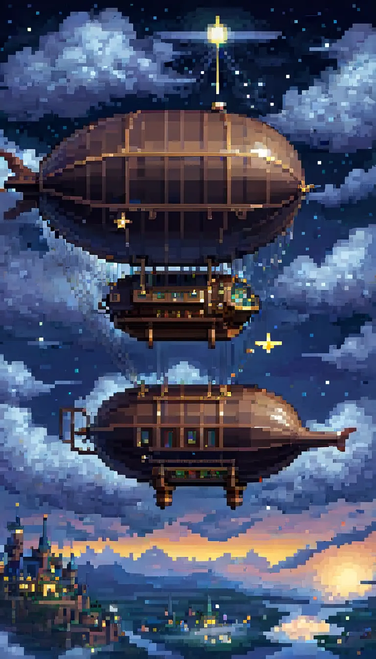 pixel art, ((1 a dirigible fantasy)), night, clouds, stars, (sky), top down view