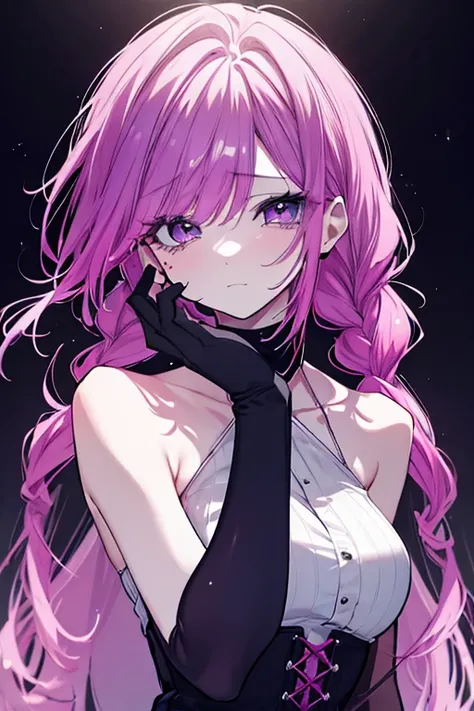 a beautiful woman with pink and purple hair, detailed facial features, long eyelashes, twin braids, sexy outfit, sorrowful expression, crying, tears flowing, intricate hairstyle, dramatic lighting, cinematic, digital art, high quality, hyper realistic, mas...