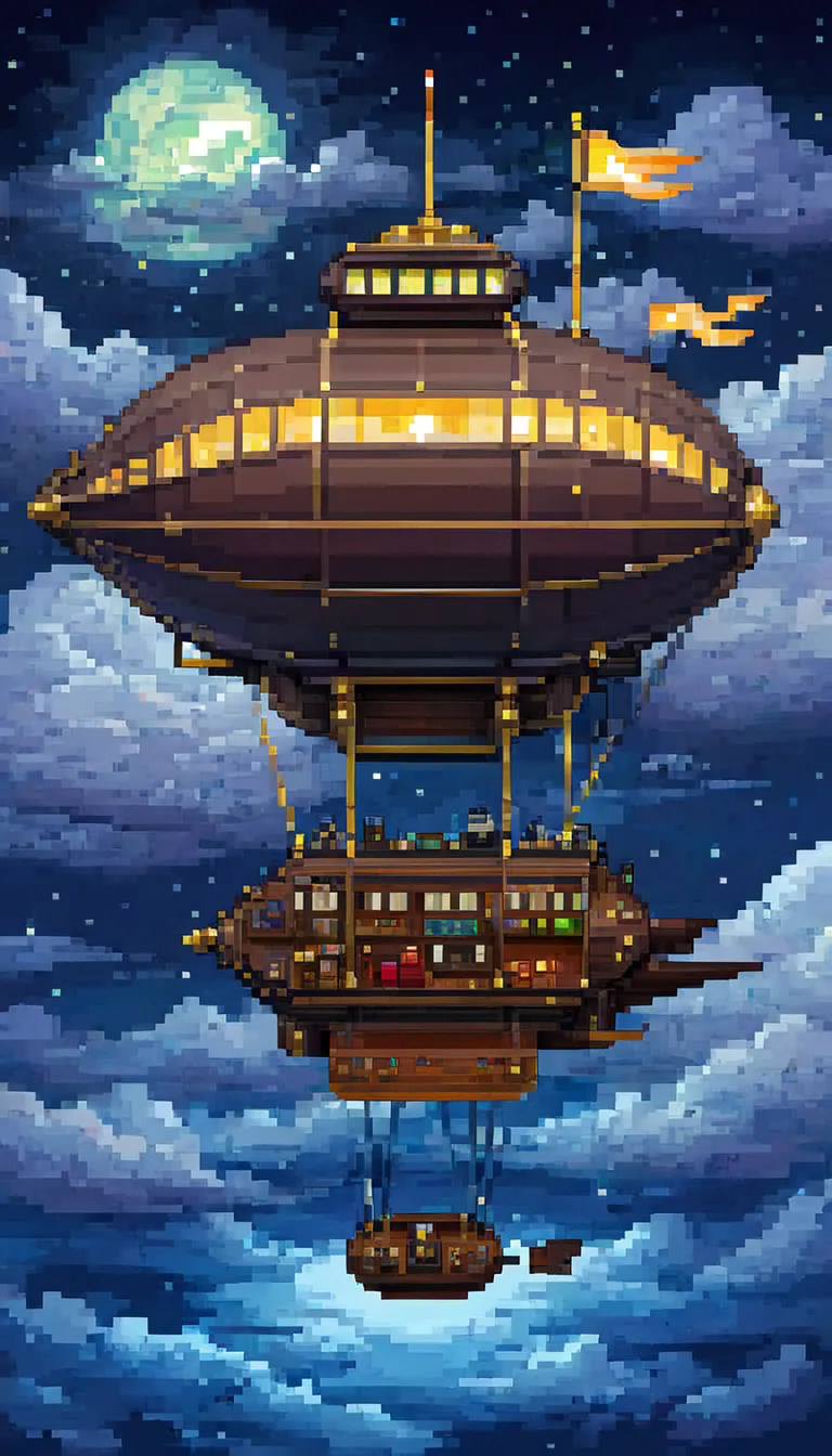 pixel art, ((1 a airship fantasy)), night, clouds, stars, (sky), top down view