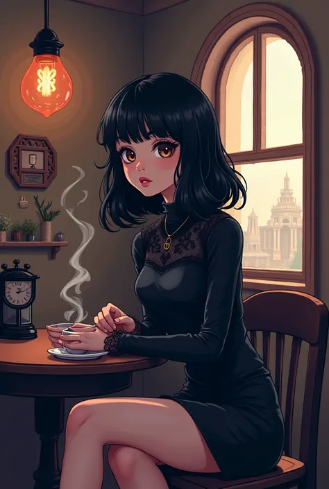 A gothic girl with medium black hair with fringes and brown eyes drinking coffee at her pixel art style house 