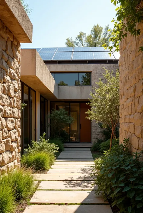 Courtyard of a house where eco-technologies such as stone walls with alpaca wool and solar panels on the roof are found 